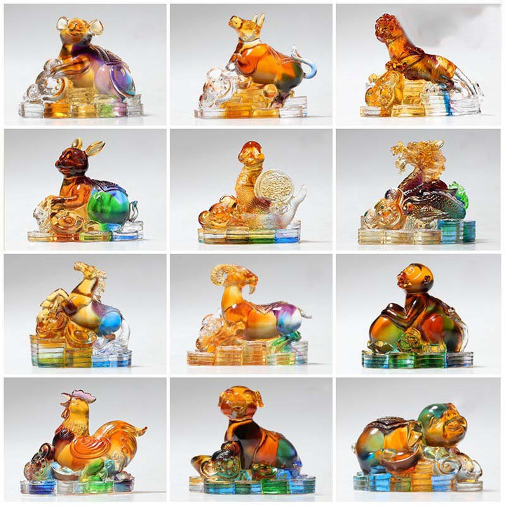 Buddha Stones Année du Dragon Fait à la main 12 zodiaque chinois Liuli Cristal Art Pièce Protection Maison Bureau Décoration