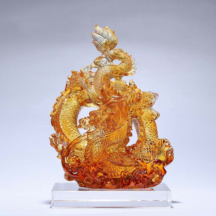 Buddha Stones Année du Dragon Pièce d'art en cristal Liuli faite à la main Protection Décoration de bureau à domicile avec base
