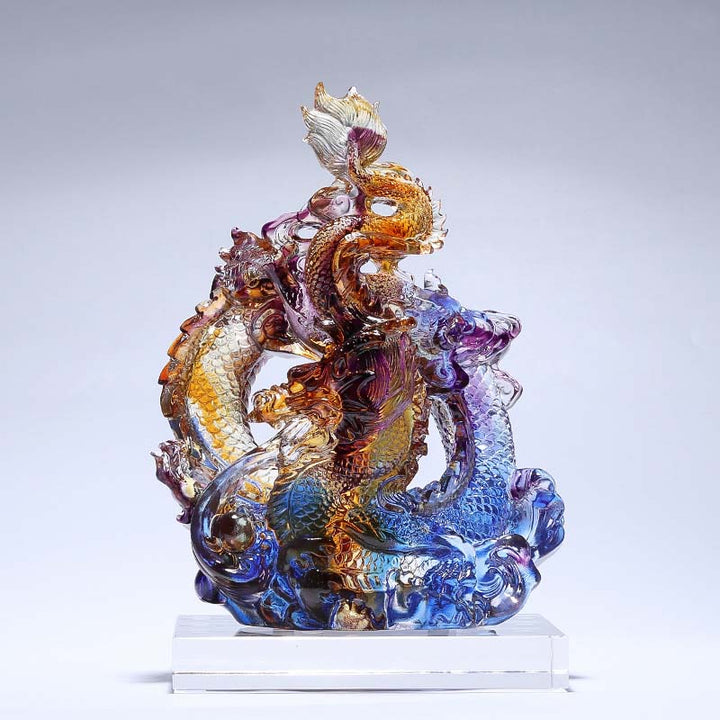 Buddha Stones Année du Dragon Pièce d'art en cristal Liuli faite à la main Protection Décoration de bureau à domicile avec base