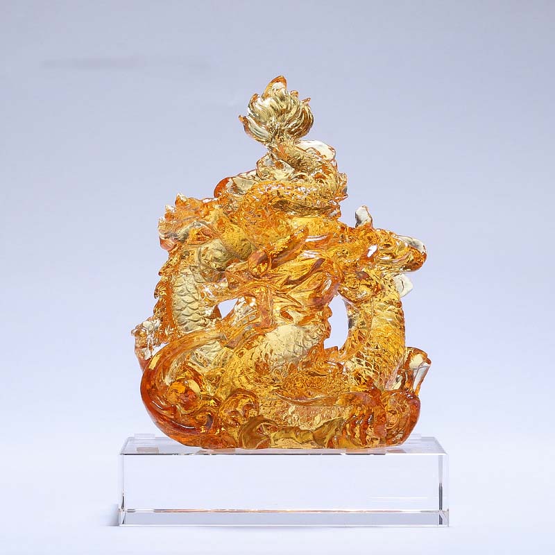 Buddha Stones Année du Dragon Pièce d'art en cristal Liuli faite à la main Protection Décoration de bureau à domicile avec base