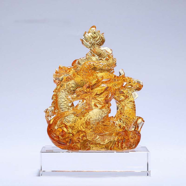 Buddha Stones Année du Dragon Pièce d'art en cristal Liuli faite à la main Protection Décoration de bureau à domicile avec base