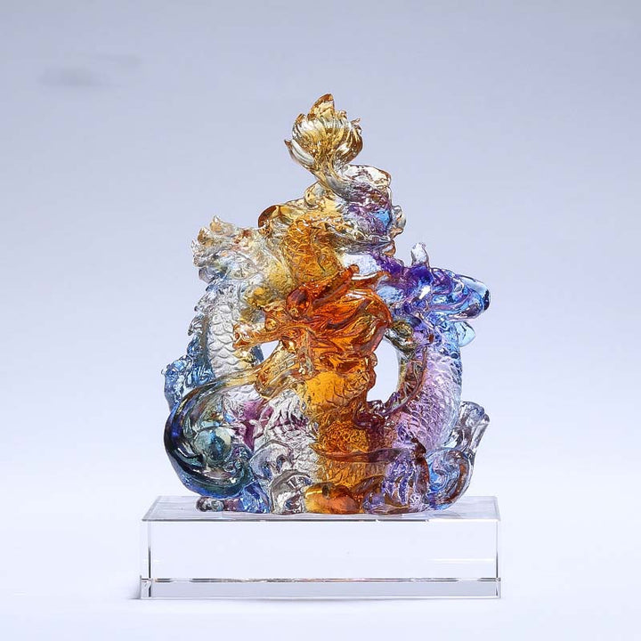 Buddha Stones Année du Dragon Pièce d'art en cristal Liuli faite à la main Protection Décoration de bureau à domicile avec base