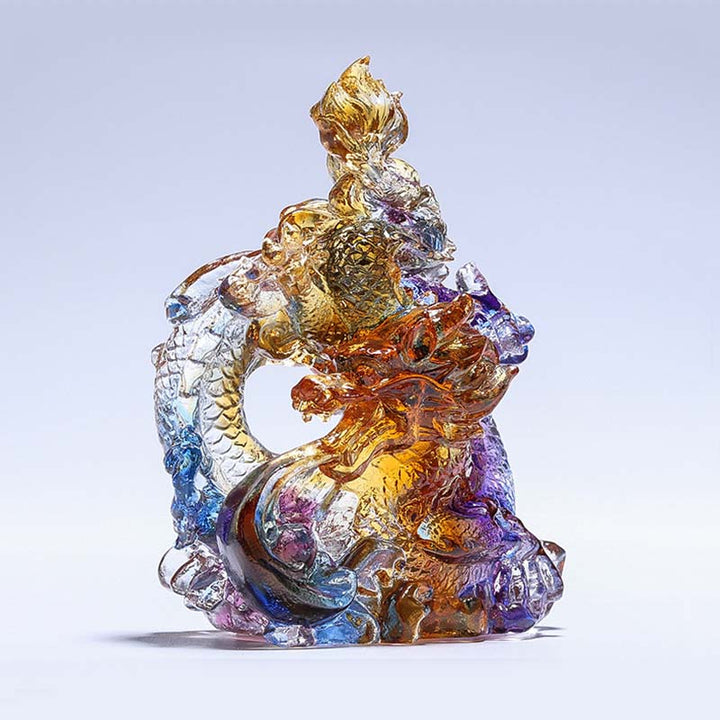 Buddha Stones Année du Dragon Pièce d'art en cristal Liuli faite à la main Protection Décoration de bureau à domicile avec base