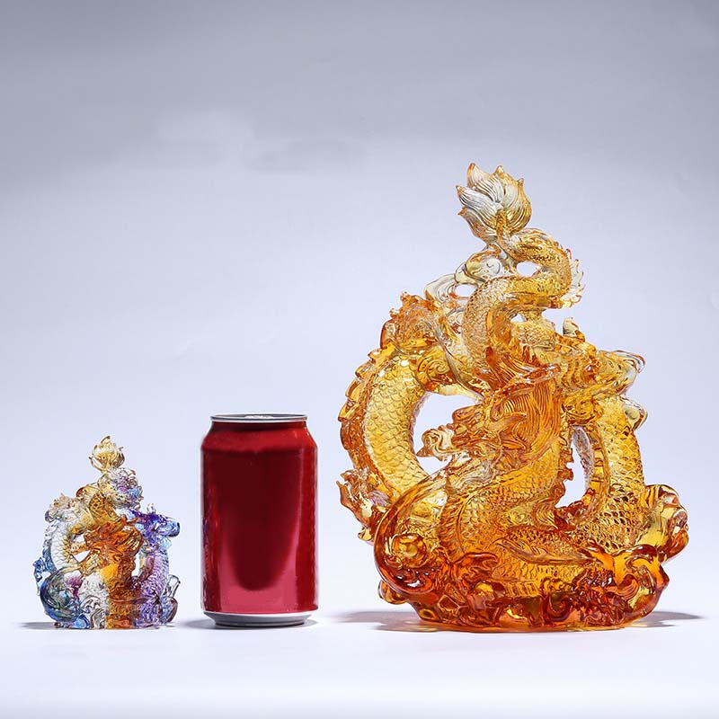 Buddha Stones Année du Dragon Pièce d'art en cristal Liuli faite à la main Protection Décoration de bureau à domicile avec base