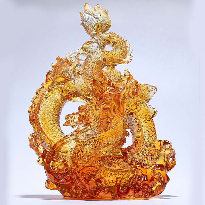 Buddha Stones Année du Dragon Pièce d'art en cristal Liuli faite à la main Protection Décoration de bureau à domicile avec base