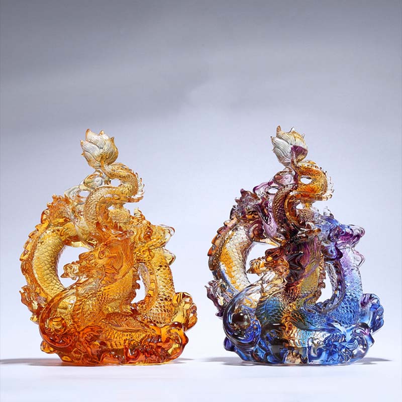 Buddha Stones Année du Dragon Pièce d'art en cristal Liuli faite à la main Protection Décoration de bureau à domicile avec base