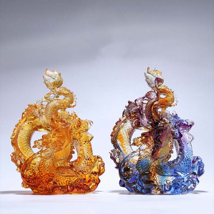 Buddha Stones Année du Dragon Pièce d'art en cristal Liuli faite à la main Protection Décoration de bureau à domicile avec base