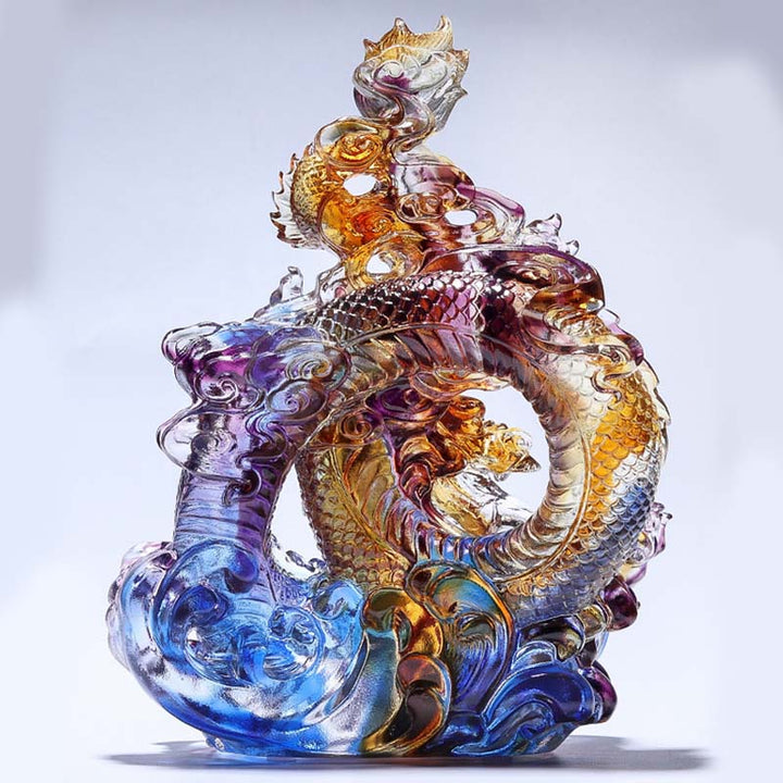 Buddha Stones Année du Dragon Pièce d'art en cristal Liuli faite à la main Protection Décoration de bureau à domicile avec base