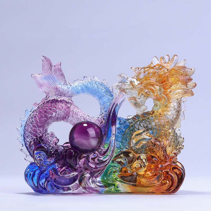 Buddha Stones Année du Dragon Dragon fait à la main jouant avec un lingot de perle Pièce d'art en cristal Liuli Protection Décoration de bureau à domicile