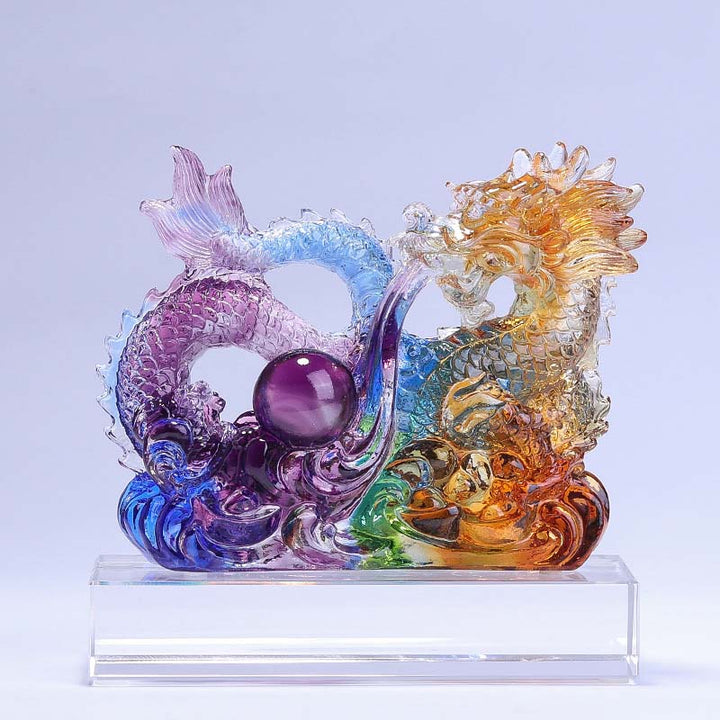 Buddha Stones Année du Dragon Dragon fait à la main jouant avec un lingot de perle Pièce d'art en cristal Liuli Protection Décoration de bureau à domicile