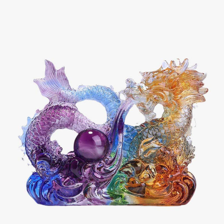 Buddha Stones Année du Dragon Dragon fait à la main jouant avec un lingot de perle Pièce d'art en cristal Liuli Protection Décoration de bureau à domicile