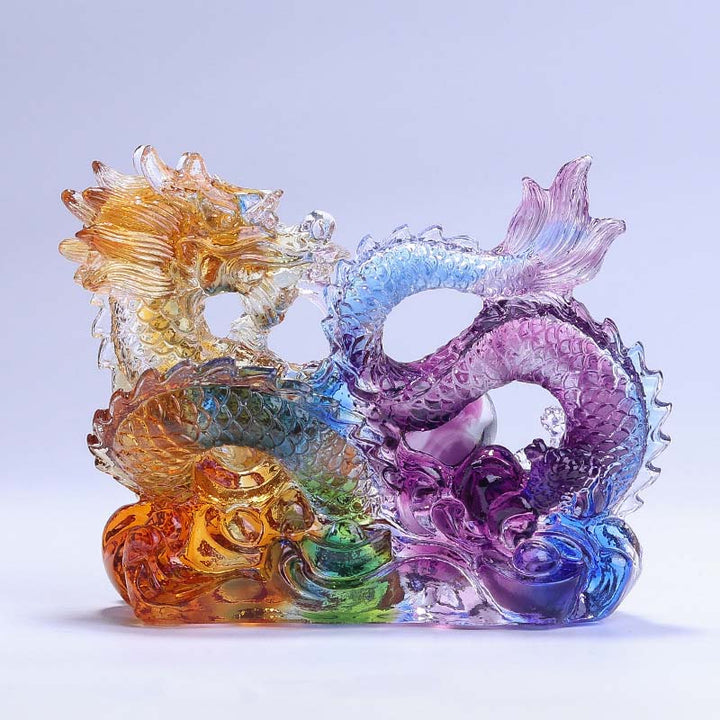 Buddha Stones Année du Dragon Dragon fait à la main jouant avec un lingot de perle Pièce d'art en cristal Liuli Protection Décoration de bureau à domicile