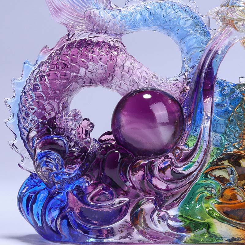 Buddha Stones Année du Dragon Dragon fait à la main jouant avec un lingot de perle Pièce d'art en cristal Liuli Protection Décoration de bureau à domicile