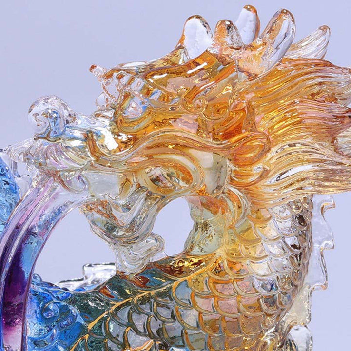 Buddha Stones Année du Dragon Dragon fait à la main jouant avec un lingot de perle Pièce d'art en cristal Liuli Protection Décoration de bureau à domicile