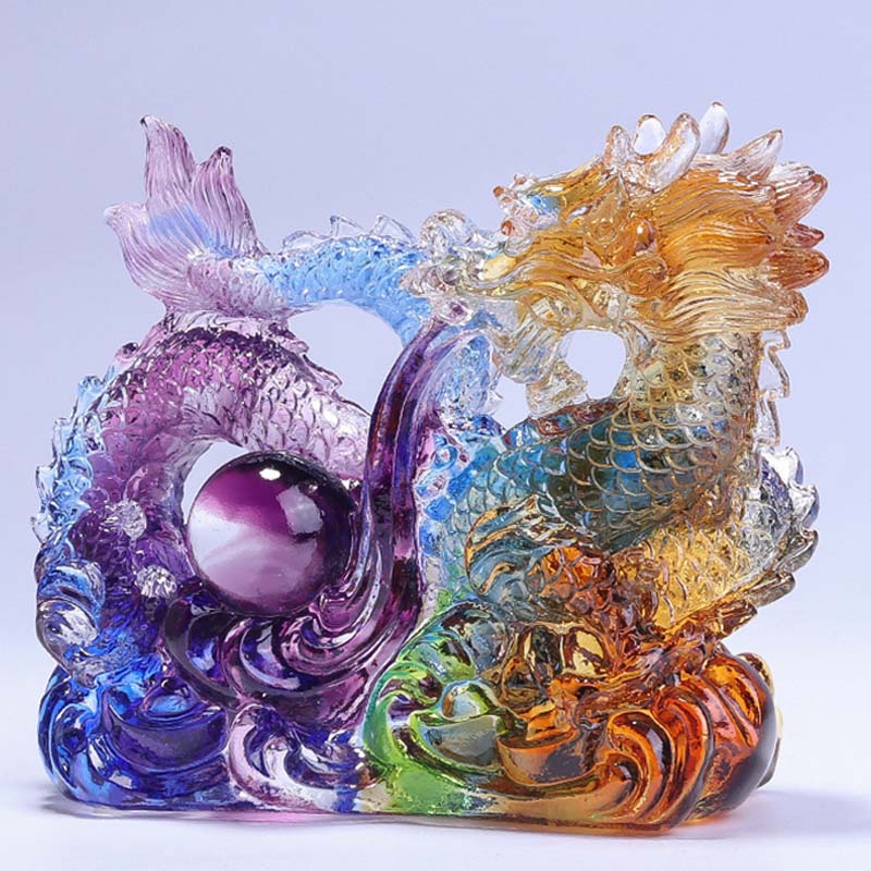 Buddha Stones Année du Dragon Dragon fait à la main jouant avec un lingot de perle Pièce d'art en cristal Liuli Protection Décoration de bureau à domicile