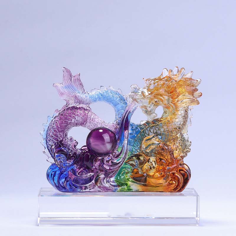 Buddha Stones Année du Dragon Dragon fait à la main jouant avec un lingot de perle Pièce d'art en cristal Liuli Protection Décoration de bureau à domicile