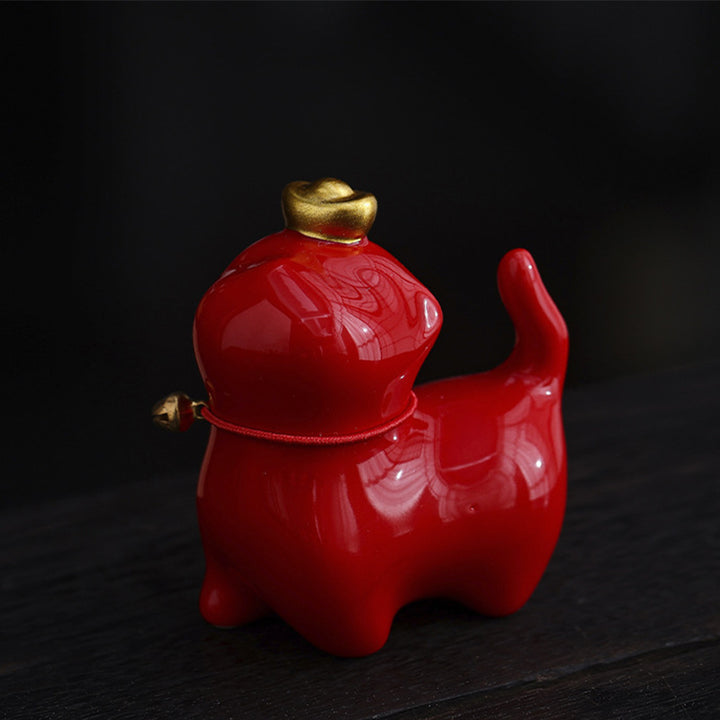 Figurine de chat porte-bonheur en forme de lingot de thé en Buddha Stones en céramique pour la maison ou le bureau - Chat porte-bonheur rouge 5,5 x 3,2 x 6 cm - image 4