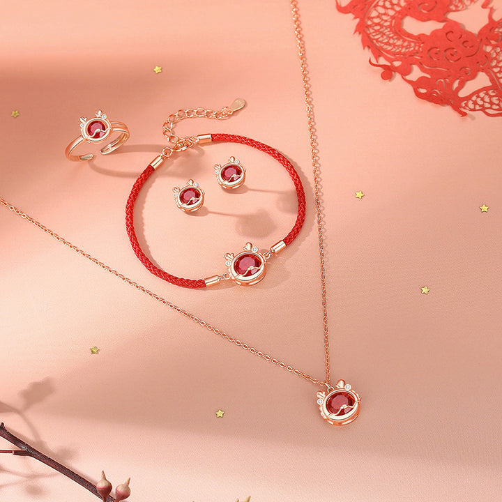 Collier pendentif bracelet boucles d'oreilles bague en argent sterling 925 Buddha Stones Année du Dragon Luck Zircon rouge (30 % de réduction supplémentaire | UTILISEZ LE CODE : FS30)