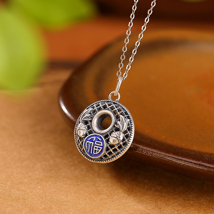 Buddha Stones Collier pendentif en argent sterling 999 avec boucle de paix et caractère de poisson Koi Fu Lotus