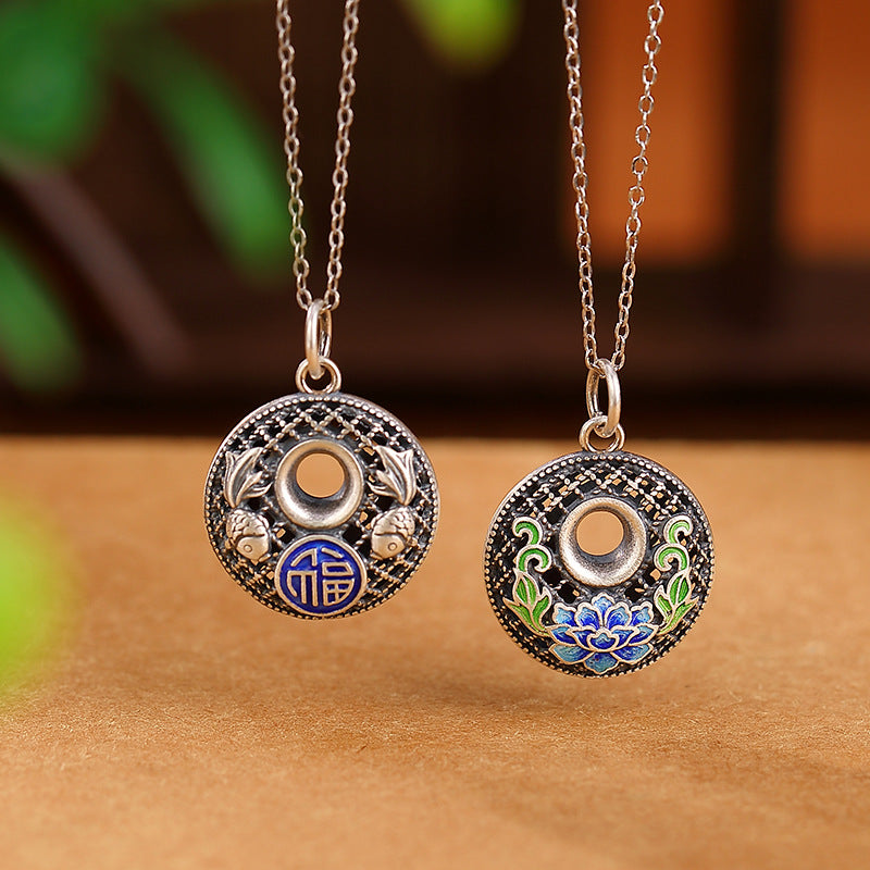 Buddha Stones Collier pendentif en argent sterling 999 avec boucle de paix et caractère de poisson Koi Fu Lotus - image 0