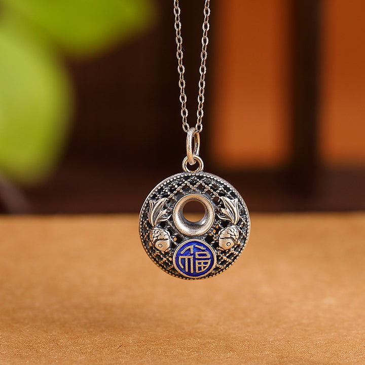 Buddha Stones Collier pendentif en argent sterling 999 avec boucle de paix et caractère de poisson Koi Fu Lotus