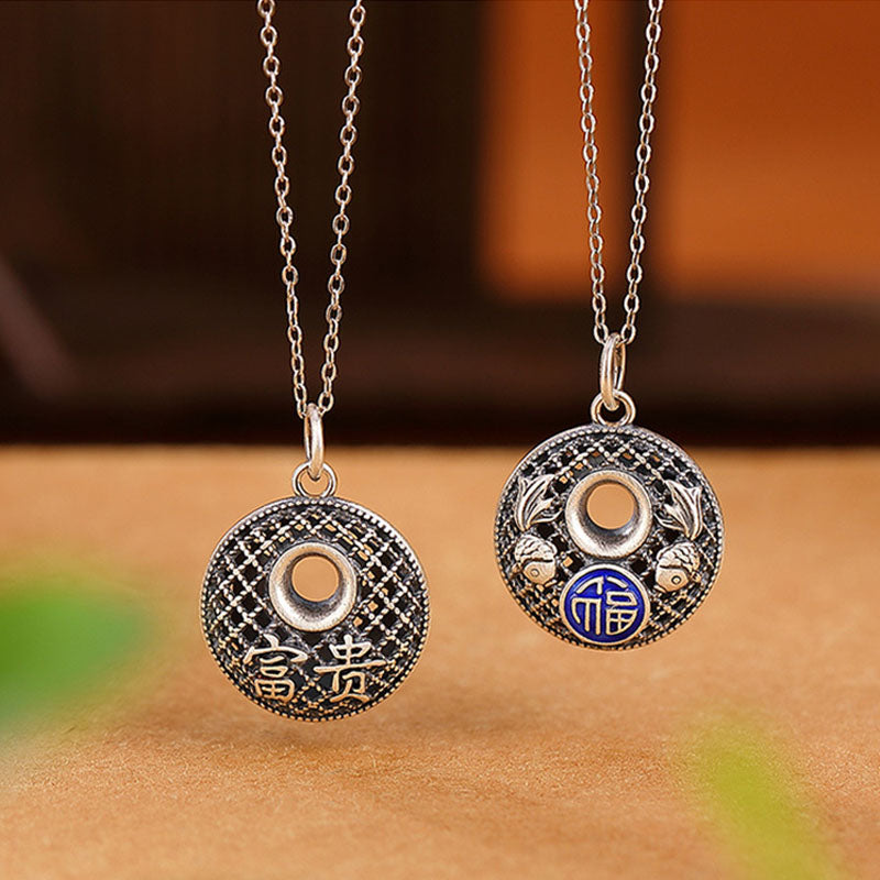Buddha Stones Collier pendentif en argent sterling 999 avec boucle de paix et caractère de poisson Koi Fu Lotus