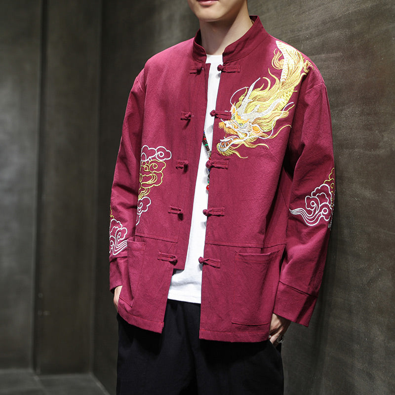 Veste de costume chinois Tang brodée avec Buddha Stones et dragon pour homme - Rouge - US/UK/AU48，EU58(5XL) - image 13