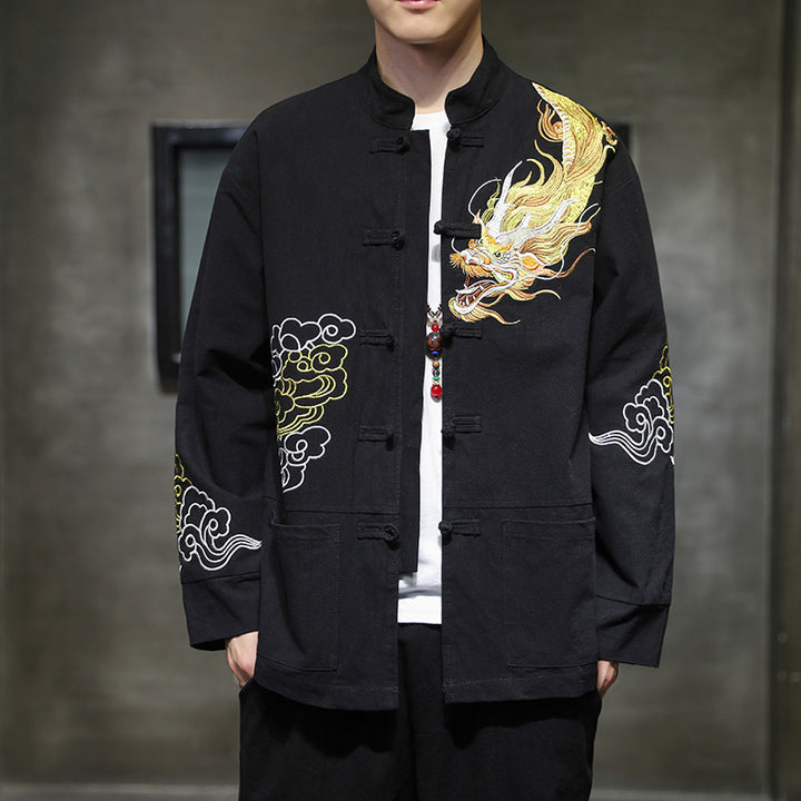 Veste de costume chinois Tang brodée avec Buddha Stones et dragon pour homme - Noir - US/UK/AU48，EU58(5XL) - image 0