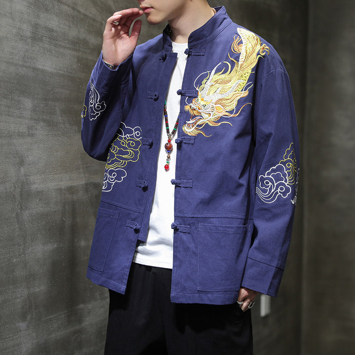 Veste de costume chinois Tang brodée avec Buddha Stones et dragon pour homme