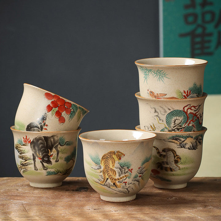 Tasse à thé en céramique Buddha Stones 12 signes du zodiaque chinois Tasse à thé Kung Fu 130 ml