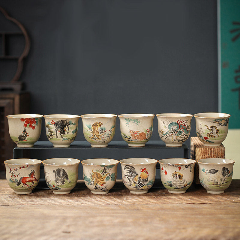 Tasse à thé en céramique Buddha Stones 12 signes du zodiaque chinois Tasse à thé Kung Fu 130 ml