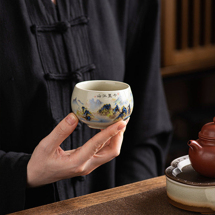 Buddha Stones Un panorama de rivières et de montagnes Tasse à thé en céramique Tasse à thé Kung Fu 150 ml