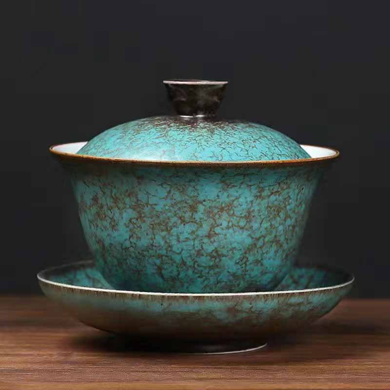 Buddha Stones Traditionnel Pin Vert Céramique Gaiwan Sancai Tasse à Thé Kung Fu Tasse à Thé Et Soucoupe Avec Couvercle