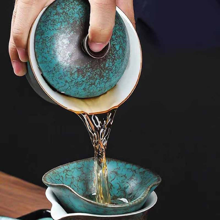 Buddha Stones Traditionnel Pin Vert Céramique Gaiwan Sancai Tasse à Thé Kung Fu Tasse à Thé Et Soucoupe Avec Couvercle