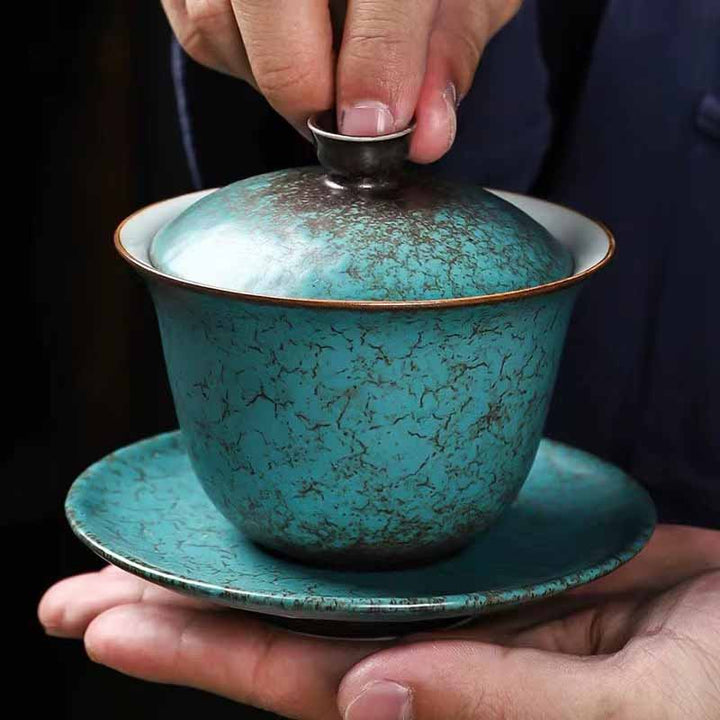 Buddha Stones Traditionnel Pin Vert Céramique Gaiwan Sancai Tasse à Thé Kung Fu Tasse à Thé Et Soucoupe Avec Couvercle