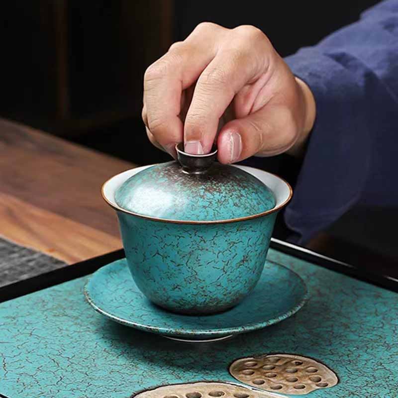 Buddha Stones Traditionnel Pin Vert Céramique Gaiwan Sancai Tasse à Thé Kung Fu Tasse à Thé Et Soucoupe Avec Couvercle