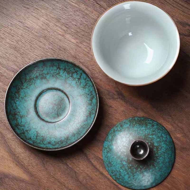 Buddha Stones Traditionnel Pin Vert Céramique Gaiwan Sancai Tasse à Thé Kung Fu Tasse à Thé Et Soucoupe Avec Couvercle