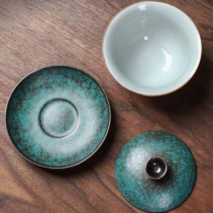 Buddha Stones Traditionnel Pin Vert Céramique Gaiwan Sancai Tasse à Thé Kung Fu Tasse à Thé Et Soucoupe Avec Couvercle