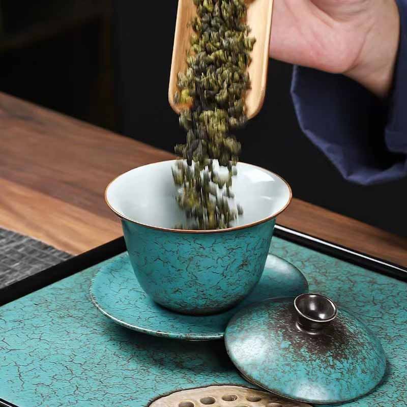 Buddha Stones Traditionnel Pin Vert Céramique Gaiwan Sancai Tasse à Thé Kung Fu Tasse à Thé Et Soucoupe Avec Couvercle