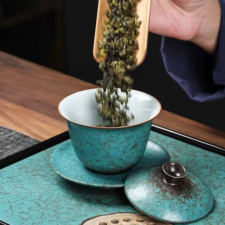 Buddha Stones Traditionnel Pin Vert Céramique Gaiwan Sancai Tasse à Thé Kung Fu Tasse à Thé Et Soucoupe Avec Couvercle