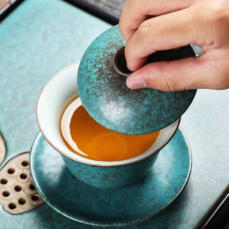 Buddha Stones Traditionnel Pin Vert Céramique Gaiwan Sancai Tasse à Thé Kung Fu Tasse à Thé Et Soucoupe Avec Couvercle
