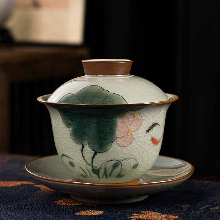 Buddha Stones Lotus Koi Fish Pod Leaf Céramique Gaiwan Sancai Tasse à Thé Kung Fu Tasse à Thé Et Soucoupe Avec Couvercle 140ml