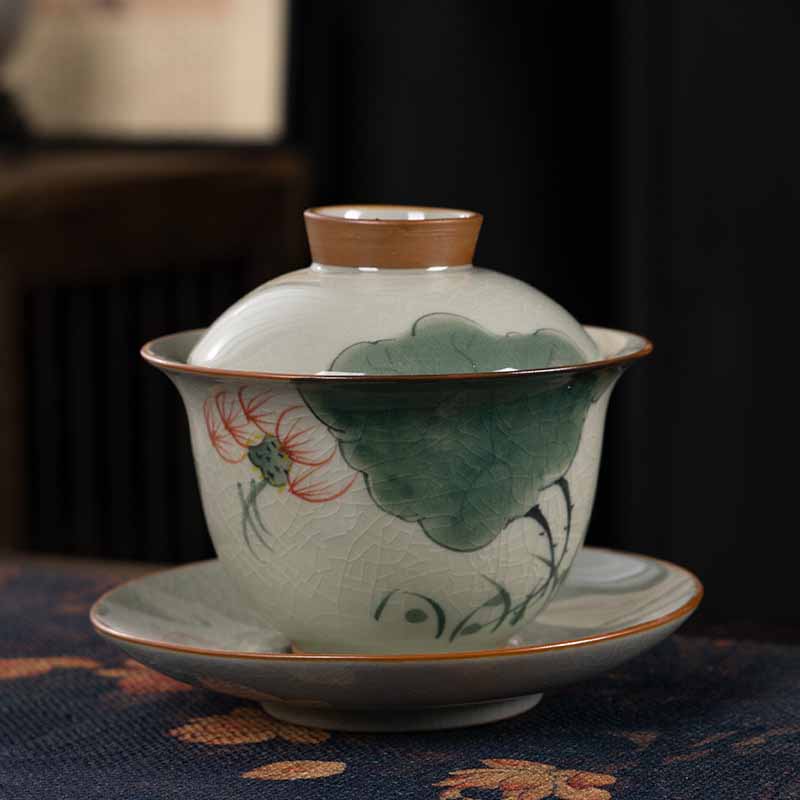 Buddha Stones Lotus Koi Fish Pod Leaf Céramique Gaiwan Sancai Tasse à Thé Kung Fu Tasse à Thé Et Soucoupe Avec Couvercle 140ml