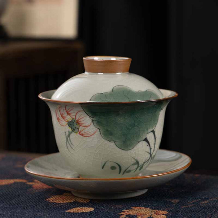 Buddha Stones Lotus Koi Fish Pod Leaf Céramique Gaiwan Sancai Tasse à Thé Kung Fu Tasse à Thé Et Soucoupe Avec Couvercle 140ml