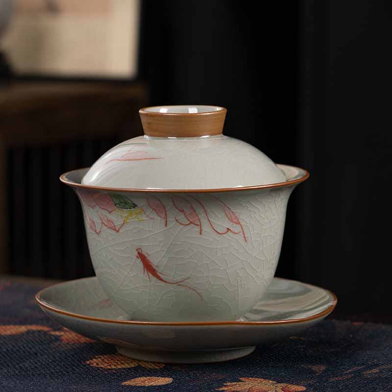 Buddha Stones Lotus Koi Fish Pod Leaf Céramique Gaiwan Sancai Tasse à Thé Kung Fu Tasse à Thé Et Soucoupe Avec Couvercle 140ml