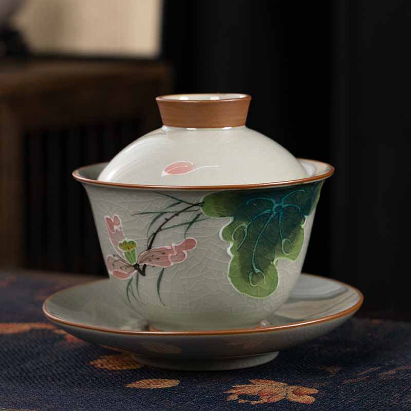 Buddha Stones Lotus Koi Fish Pod Leaf Céramique Gaiwan Sancai Tasse à Thé Kung Fu Tasse à Thé Et Soucoupe Avec Couvercle 140ml