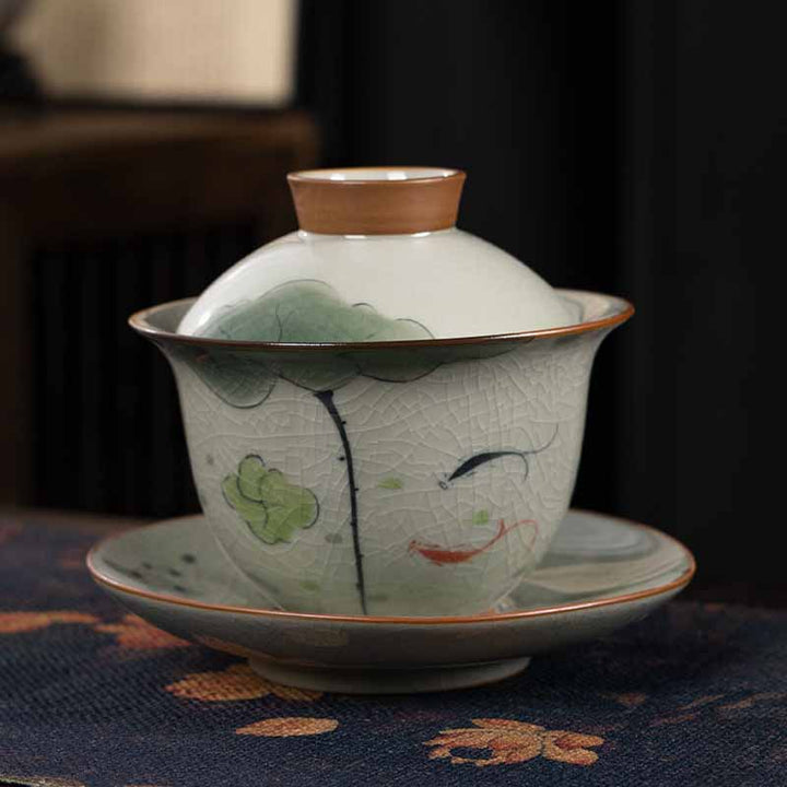 Buddha Stones Lotus Koi Fish Pod Leaf Céramique Gaiwan Sancai Tasse à Thé Kung Fu Tasse à Thé Et Soucoupe Avec Couvercle 140ml