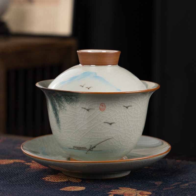 Buddha Stones Lotus Koi Fish Pod Leaf Céramique Gaiwan Sancai Tasse à Thé Kung Fu Tasse à Thé Et Soucoupe Avec Couvercle 140ml