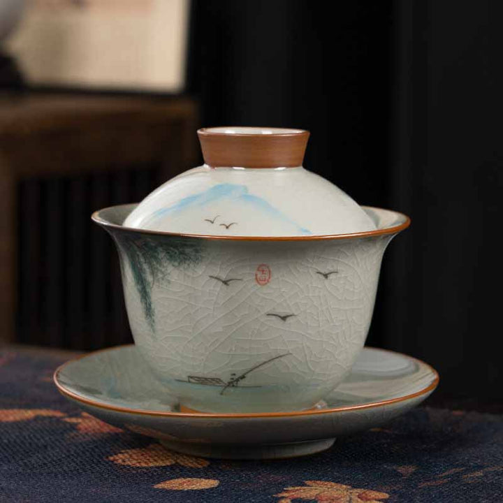 Buddha Stones Lotus Koi Fish Pod Leaf Céramique Gaiwan Sancai Tasse à Thé Kung Fu Tasse à Thé Et Soucoupe Avec Couvercle 140ml