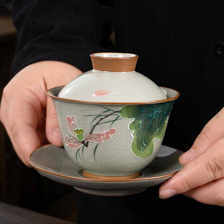 Buddha Stones Lotus Koi Fish Pod Leaf Céramique Gaiwan Sancai Tasse à Thé Kung Fu Tasse à Thé Et Soucoupe Avec Couvercle 140ml